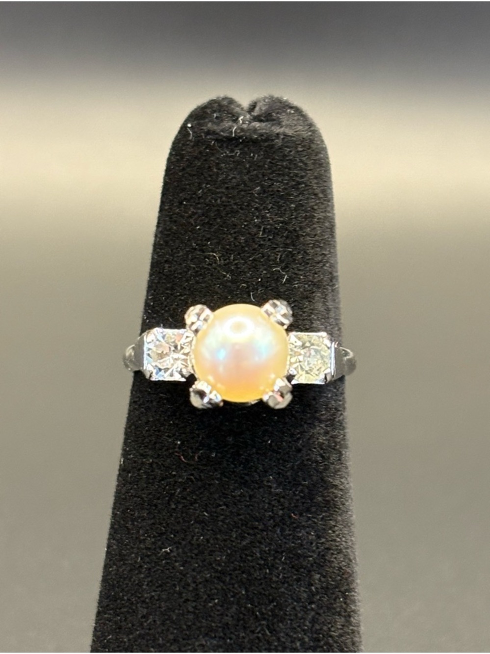 Classic White Pearl and Crystal Silver Ring
